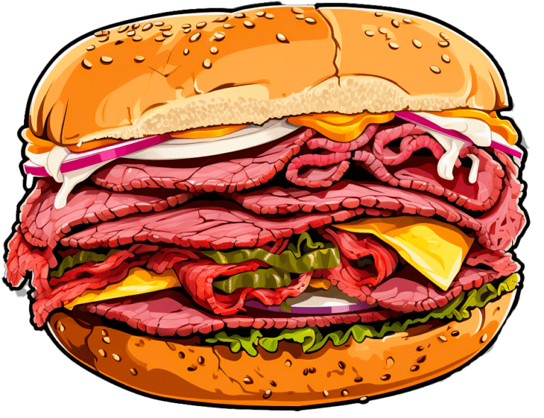 A big beefy pastrami sandwich on with lettuce, onions, and pickles.